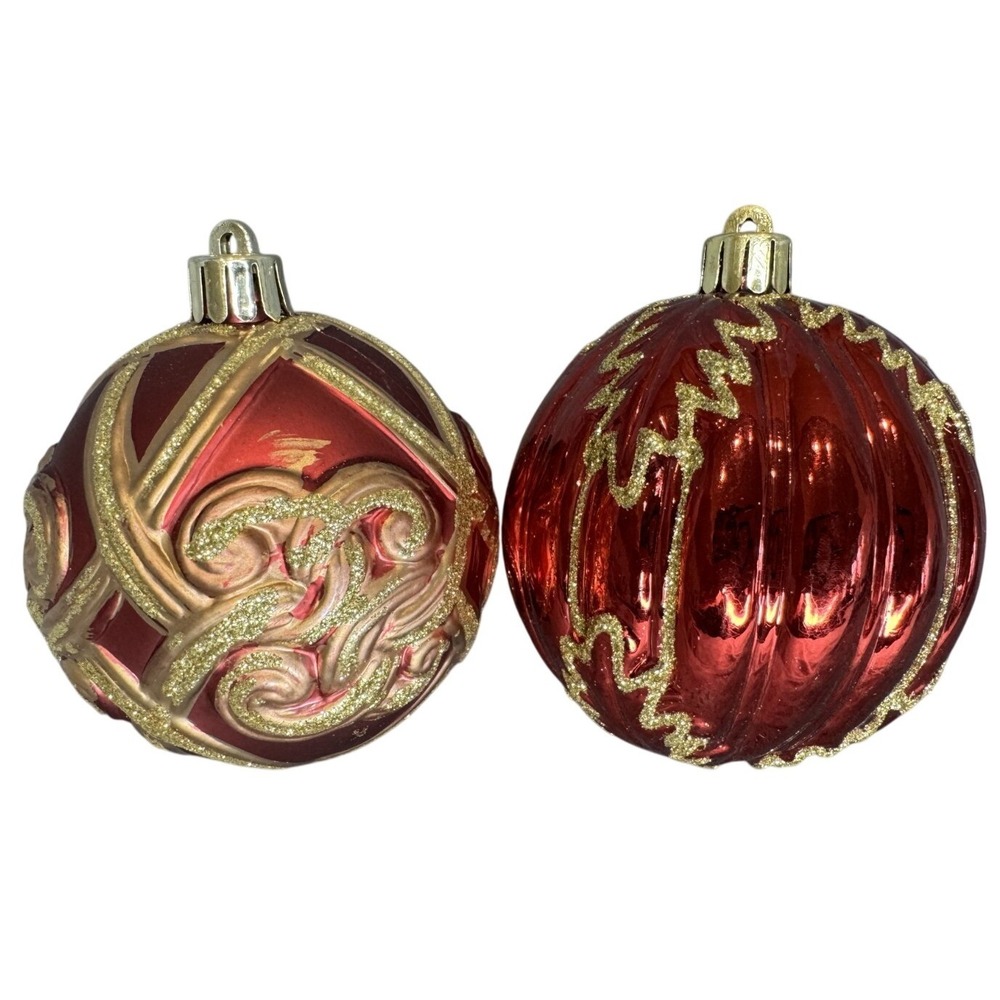 Red and Gold Glitter Christmas Ornaments Set of 2 Ribbed and Scroll Design 4"